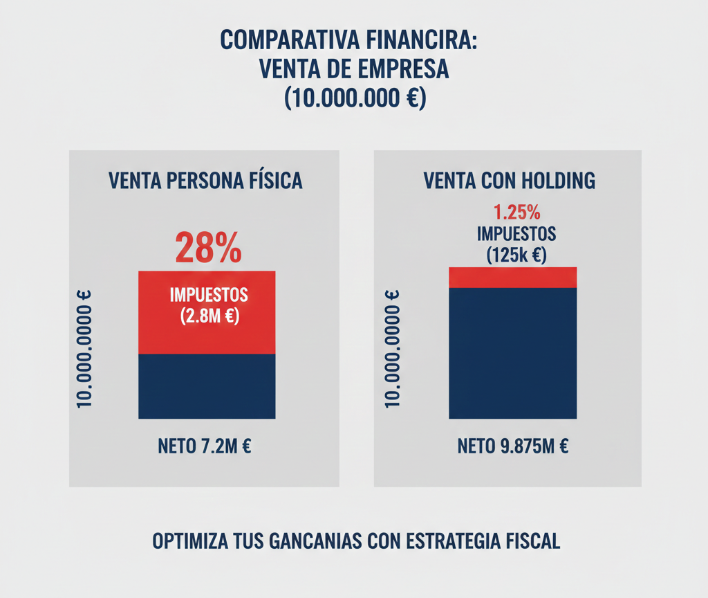 Infografia comparativa d' impostos en la venda d' una empresa per 10 milions d' euros. A l'esquerra, la venda com a Persona Física mostra un 28% d'impostos (2.8M €) i un net de 7.2M €. A la dreta, la venda amb estructura de Holding mostra només un 1.25% d'impostos (125k €) i un net de 9.875M €. Disseny minimalista en blau, gris i vermell.